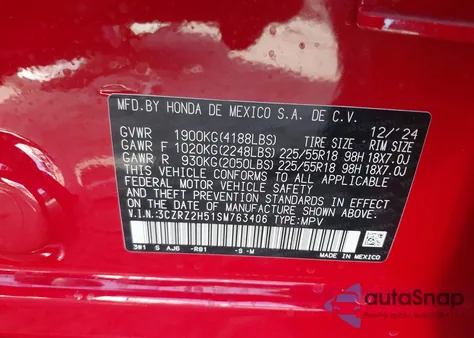 2025 Honda Hr-V Awd Sport from USA, damaged, VIN 3CZRZ2H51SM763406